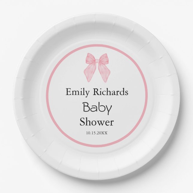 Pink Bow Girl Baby Shower  Paper Plates (Front)