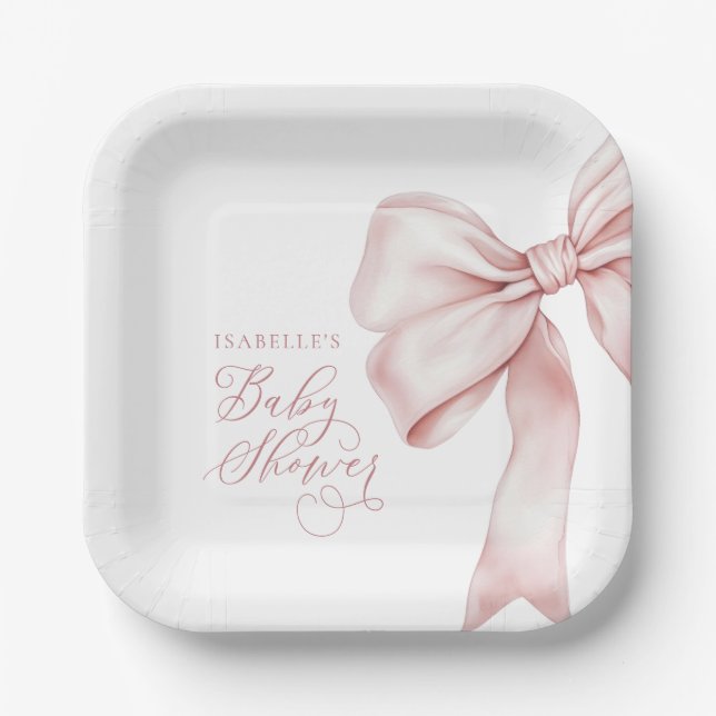 Pink Bow Girl Baby Shower Paper Plates (Front)