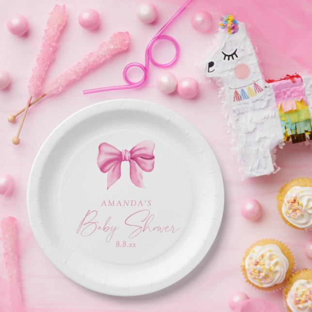 PINK BOW girl Baby shower Paper Plates (Party)
