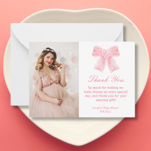 pink bow girl baby shower photo thank you note card