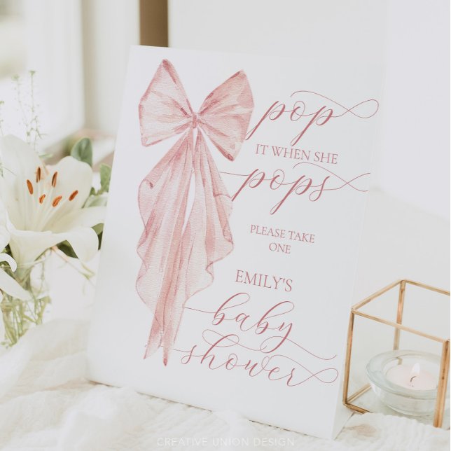 Pink Bow Girl Baby Shower Pop It When She Pops Pedestal Sign (Girl Baby Shower, Pink Bow, Rustic Baby Shower, Boho Baby Shower, Watercolor Pink Bow, Elegant)