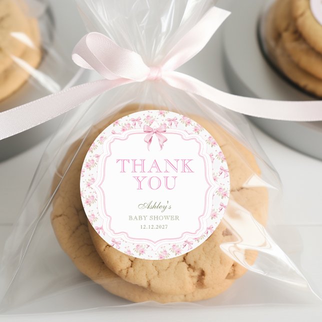 Pink Bow Girl Baby Shower Thank You Classic Round Sticker (Creator Uploaded)