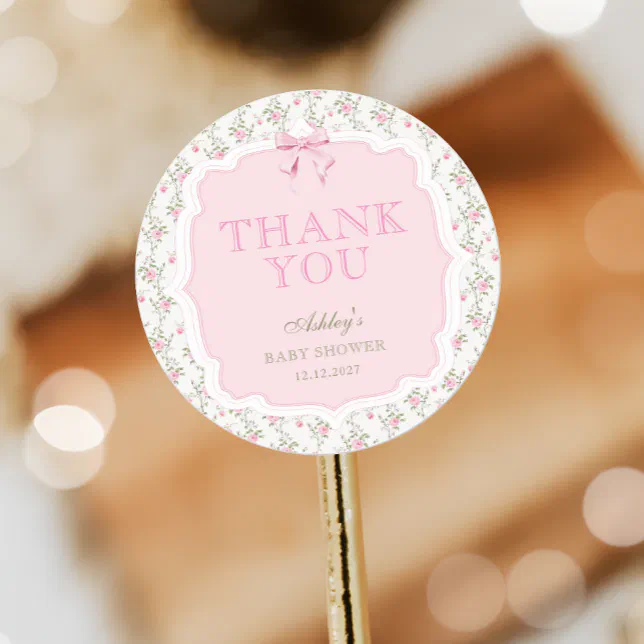 Pink Bow Girl Baby Shower Thank You Classic Round Sticker | Zazzle