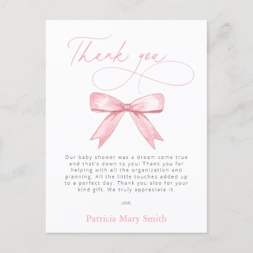  Pink Bow Girl Baby Shower Thank You PostCard