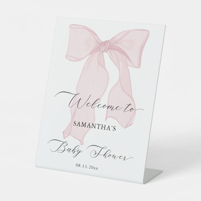 Pink Bow Girl Baby Shower Welcome Pedestal Sign (Front)
