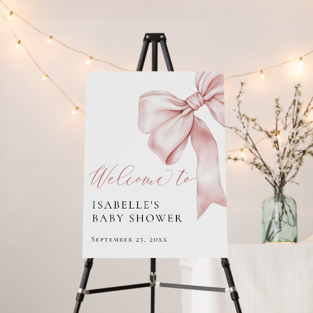 Pink Bow Girl Baby Shower Welcome Sign (In Situ (Stand))