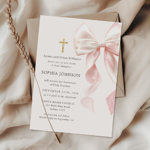 Pink Bow Girl Baptism Invitation