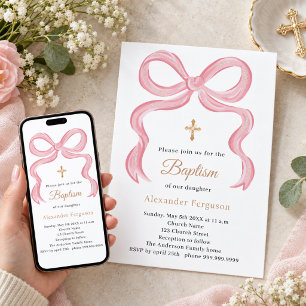 Pink bow girl Baptism Invitation