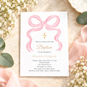 Pink bow girl Baptism invitation