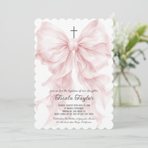 Pink Bow Girl Baptism Invitation