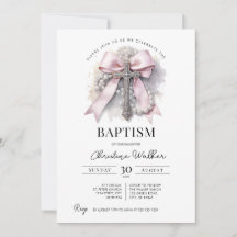 Pink Bow Girl Baptism Invitation | Cross & Rosary