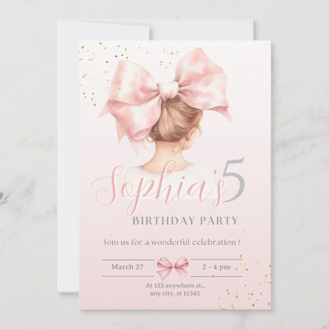 Pink Bow Girl Birthday Invitation Preppy Watercolo (Front)