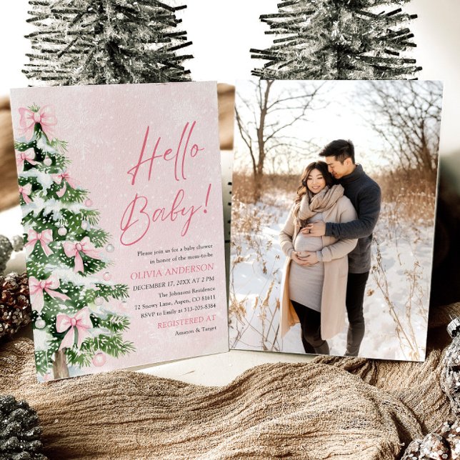 Pink Bow Girl Christmas Hello Baby Baby Shower Invitation (Creator Uploaded)