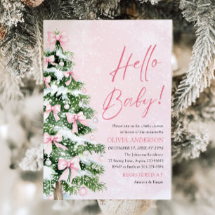 Pink Bow Girl Christmas Hello Baby Baby Shower Invitation