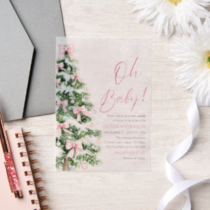 Pink Bow Girl Christmas Tree Oh Baby Baby Shower Vellum Invitations