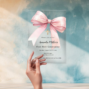 Pink bow girl clear First Communion Acrylic Invitations