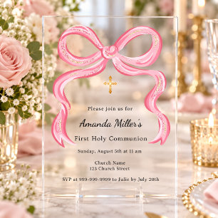 Pink bow girl clear luxury First Communion Acrylic Invitations