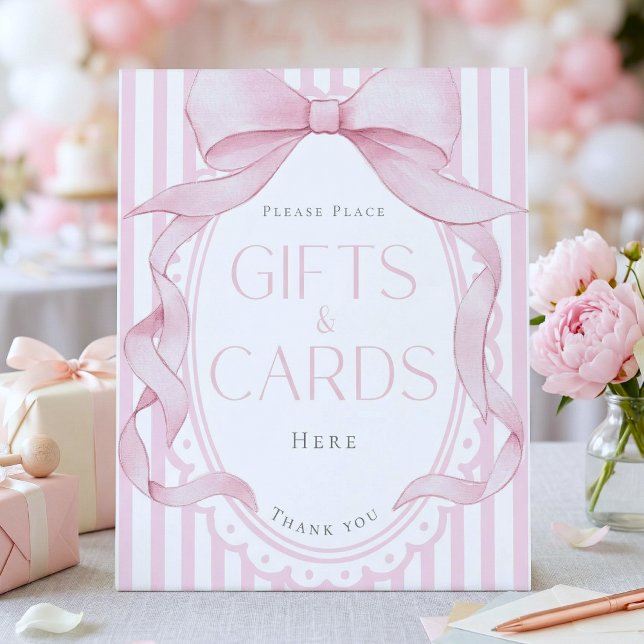 Pink Bow Girl Coquette Striped Baby Shower Gift Pedestal Sign (Creator Uploaded)