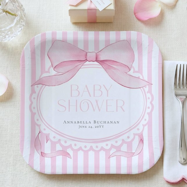Pink Bow Girl Coquette Striped Baby Shower  Paper Plates (Creator Uploaded)
