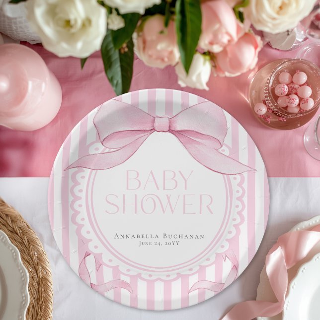 Pink Bow Girl Coquette Striped Baby Shower  Paper Plates (Creator Uploaded)