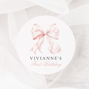 Pink Bow Girl First Birthday Classic Round Sticker