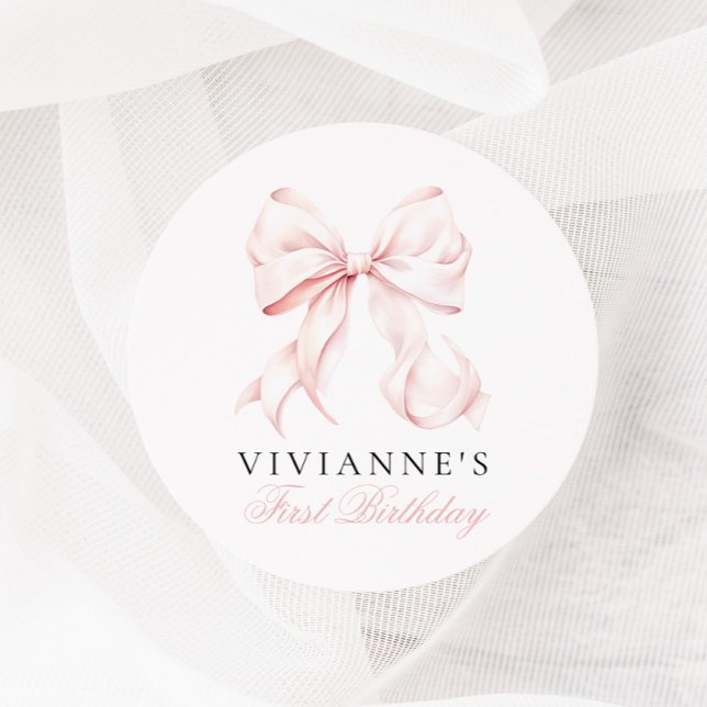 Pink Bow Girl First Birthday Classic Round Sticker (Creator Uploaded)