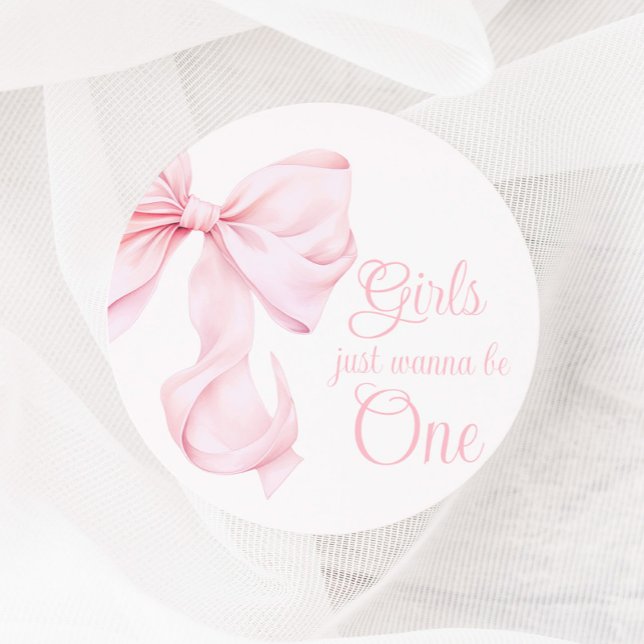 Pink Bow Girl First Birthday Classic Round Sticker (Creator Uploaded)