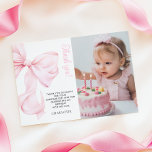 Pink Bow Girl First Birthday Flat Thank You Card<br><div class="desc">Pink Bow Girl First Birthday Flat Thank You Card. For a personal touch you can add a cute photo of your little one on the right side.</div>