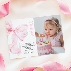 Pink Bow Girl First Birthday Flat Thank You Card