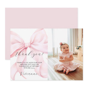 Pink Bow Girl First Birthday Flat Thank You Card