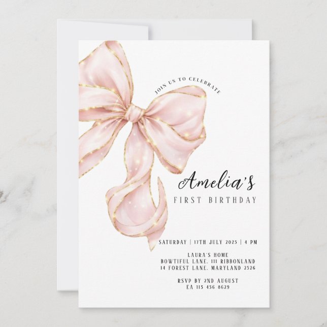 Pink Bow Girl First Birthday  Invitation (Front)