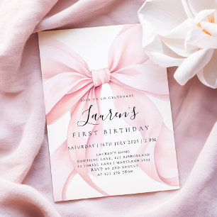 Pink Bow Girl First Birthday  Invitation