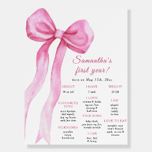 Pink Bow Girl First Birthday Milestone Birthday Foam Board