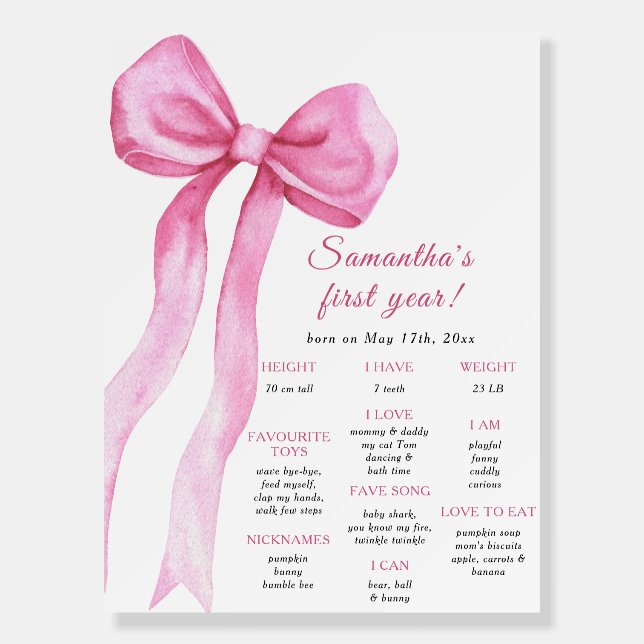 Pink Bow Girl First Birthday Milestone Birthday Foam Board (Front)