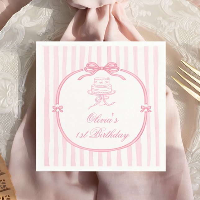Pink Bow Girl First Birthday Napkins (Creator Uploaded)