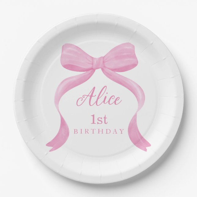 Pink Bow Girl First Birthday Paper Plates (Front)