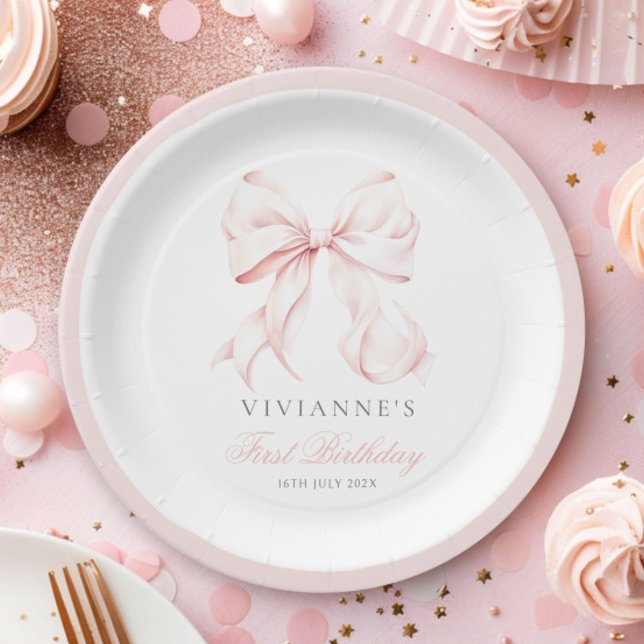 Pink Bow Girl First Birthday Paper Plates (Creator Uploaded)