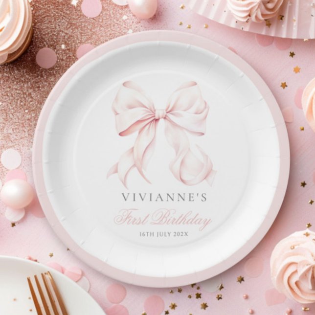 Pink Bow Girl First Birthday Paper Plates (Creator Uploaded)