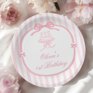 Pink Bow Girl First Birthday Paper Plates
