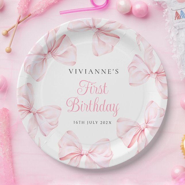 Pink Bow Girl First Birthday Paper Plates (Creator Uploaded)