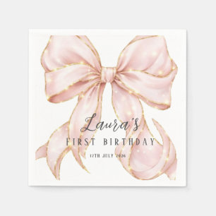 Pink Bow Girl First Birthday Party Napkins