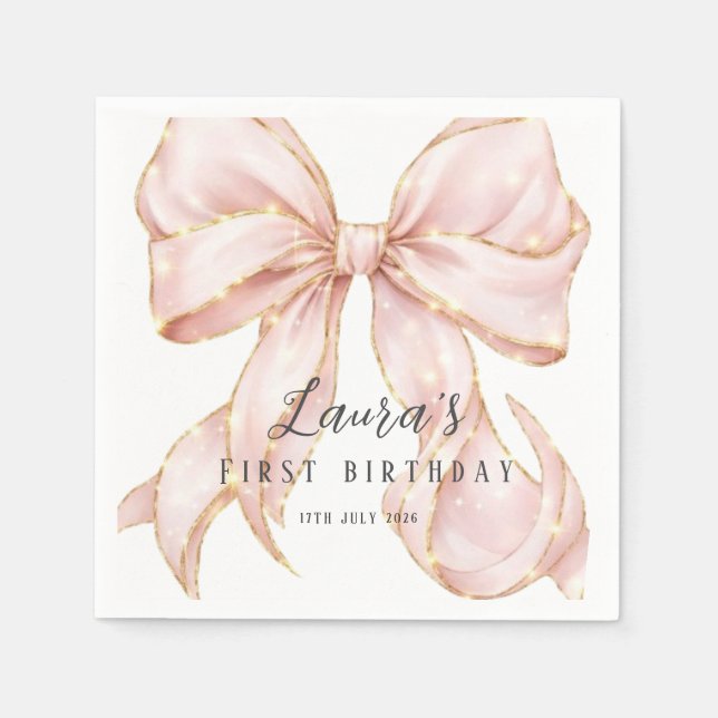 Pink Bow Girl First Birthday Party  Napkins (Front)