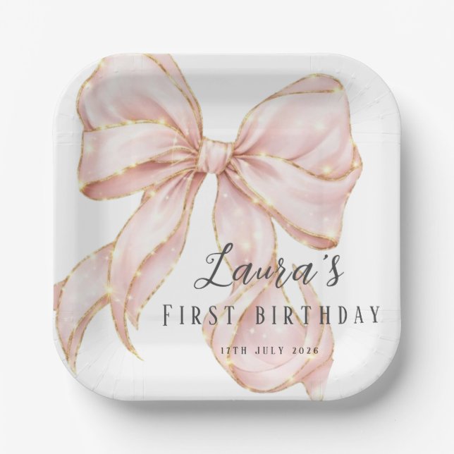 Pink Bow Girl First Birthday Party  Paper Plates (Front)