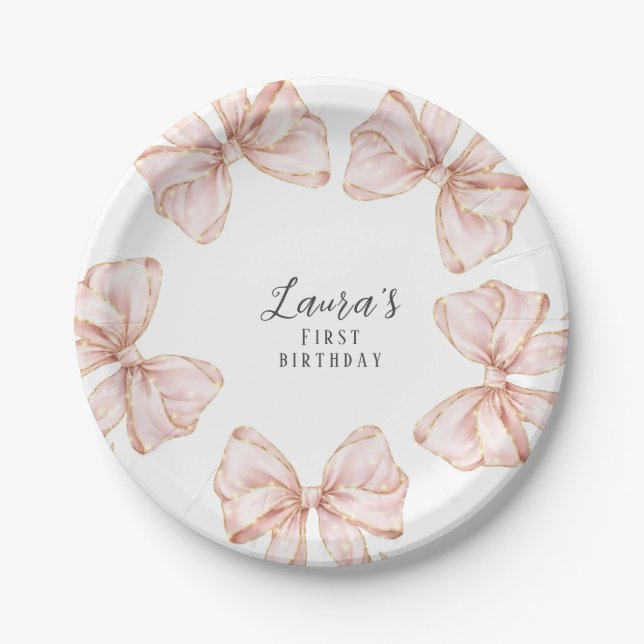 Pink Bow Girl First Birthday Party  Paper Plates (Front)