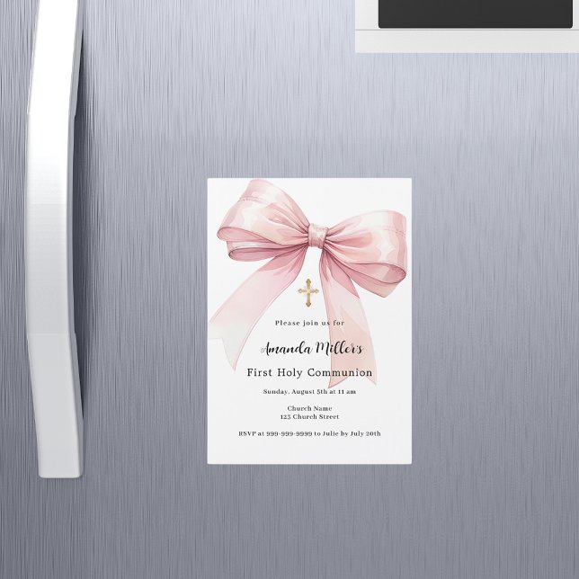 Pink bow girl First Communion Magnetic Invitation (Creator Uploaded)