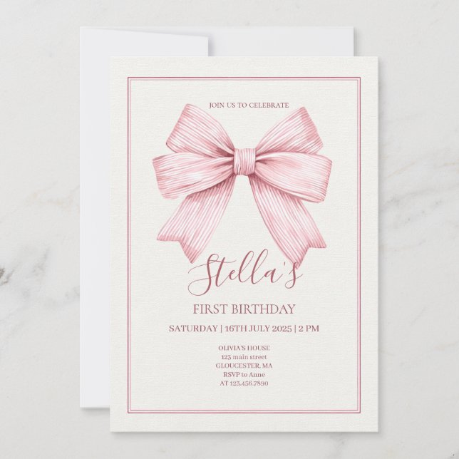Pink Bow Girl First Invitation (Front)