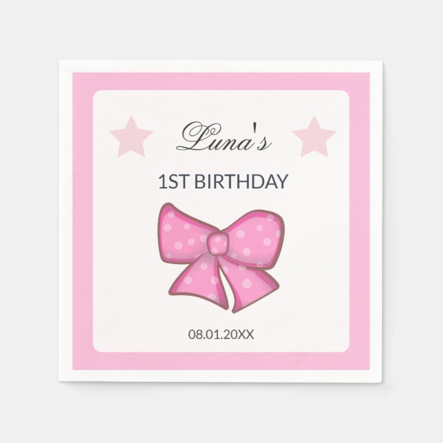 Pink Bow Girl Kids 1st Birthday  Napkins (Front)