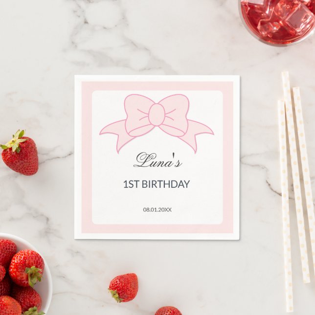 Pink Bow Girl Kids 1st Birthday  Napkins (Insitu)