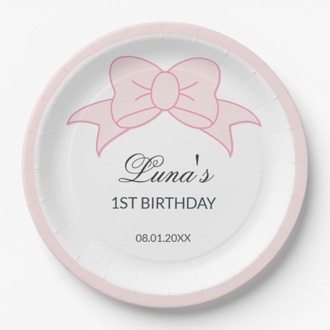Pink Bow Girl Kids 1st Birthday  Paper Plates (Front)