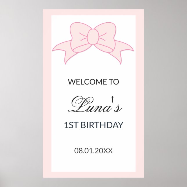 Pink Bow Girl Kids 1st Birthday  Poster (Front)
